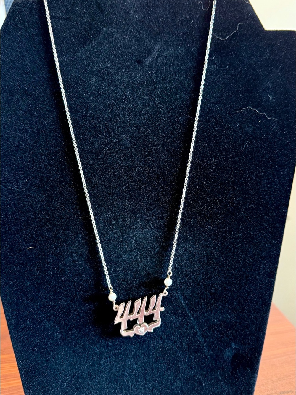 14k White Gold with Diamond and 2 pearls necklace. 444 are angel numbers.